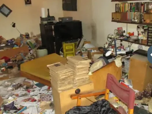 Vorher: Wohnzimmer voller Möbel, Bücher und Gegenstände