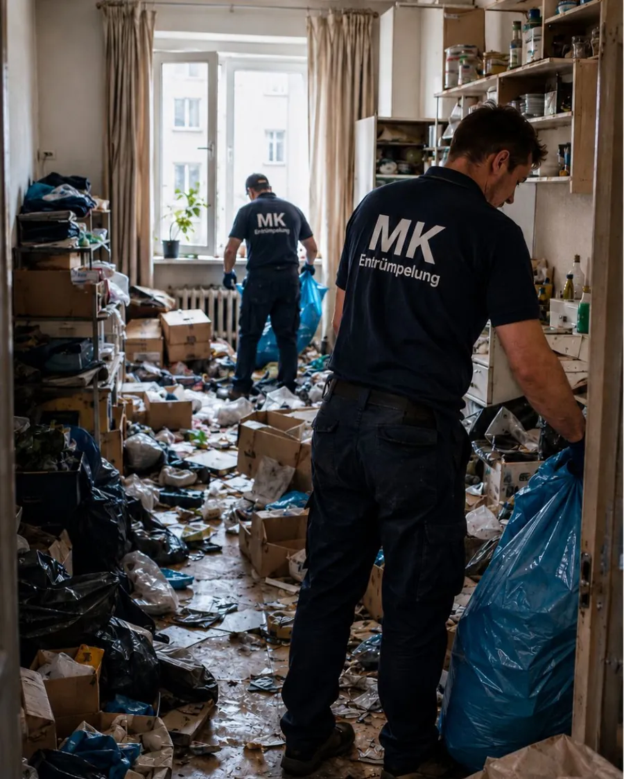 Zwei Mitarbeiter von MK Entrümpelung räumen eine stark gefüllte Messie-Wohnung